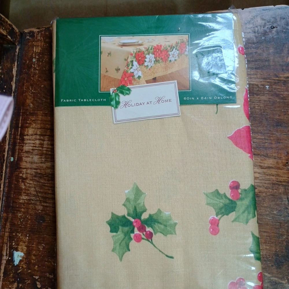 New Holiday at Home Fabric Poinsettia Holly Tablecloth Oblong 60" x 84"
